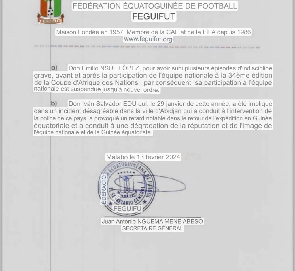 CAN 2023 - Nsué et Edu Salvador suspendus par la Fédération équato-guinéenne suite à des incidents - wiwsport