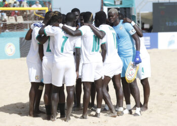 General View of Senegal players during the 2021 Beach Soccer African Cup of Nations Semi Final game between Senegal and Morocco Thies, Saly in Senegal on 28 May 2021 © Alain Suffo/BackpagePix