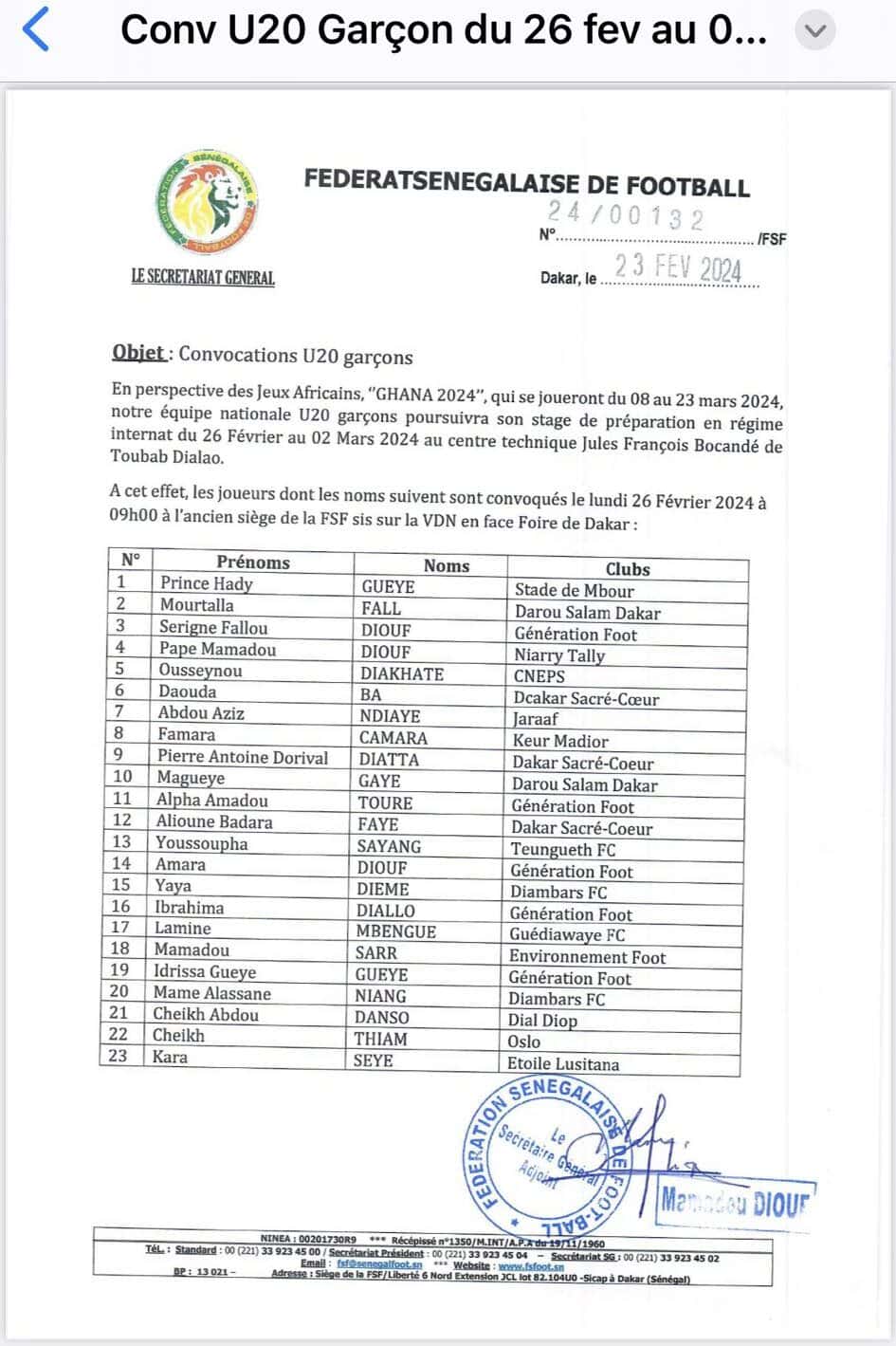 Jeux Africains 2024 - Equipe nationale U20 : 23 Lionceaux retenus dont Amara Diouf pour la dernière phase de préparation - wiwsport Jeux Africains 2024 - Equipe nationale U20 : 23 Lionceaux retenus dont Amara Diouf pour la dernière phase de préparation - wiwsport