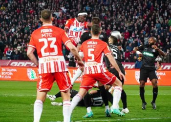 Beograd, 9. marta 2024.- Fudbaleri Crvene zvezde i Partizana igraju nereeno, 1:1 posle prvog poluvremena 172. "veèitog derbija". Zvezda je povela golom Uroa Spajiæa u 44. minutu. Izjednaèenje Partizanu doneo je Mateus Saldanja u prvom minutu nadoknade prvog poluvremena. FOTO TANJUG/ VLADIMIR PORÈIÆ/ nr