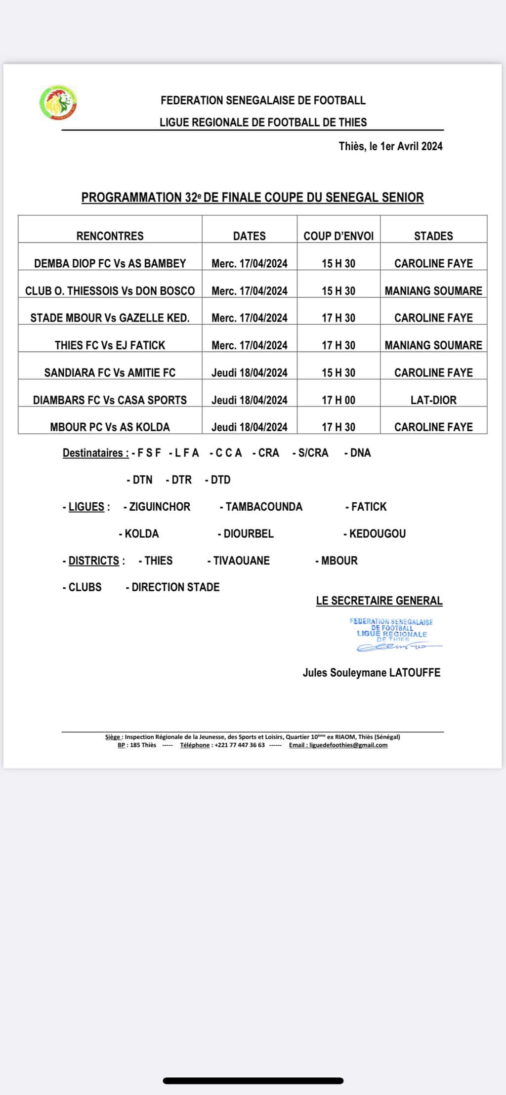 Coupe du Sénégal : Sept matchs à Thiès pour les 32es de finale - wiwsport Coupe du Sénégal : Sept matchs à Thiès pour les 32es de finale - wiwsport