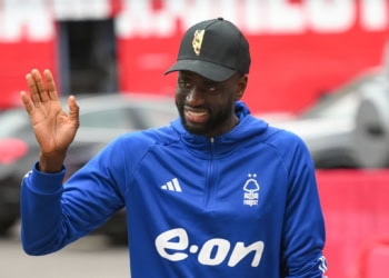 Cheikhou Kouyate of Nottingham Forest is waving at his team's supporters during the Premier League match between Nottingham Forest and Fulham at the City Ground in Nottingham, on April 2, 2024. (Photo by MI News/NurPhoto via Getty Images)