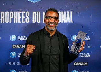 Habib BEYE wins the trophy of best headcoach during the ceremony for the French National Football Trophies on May 11, 2024 at Centre National du Football, in Clairefontaine-en-Yvelines, France.(Photo by Daniel Derajinski/Icon Sport)