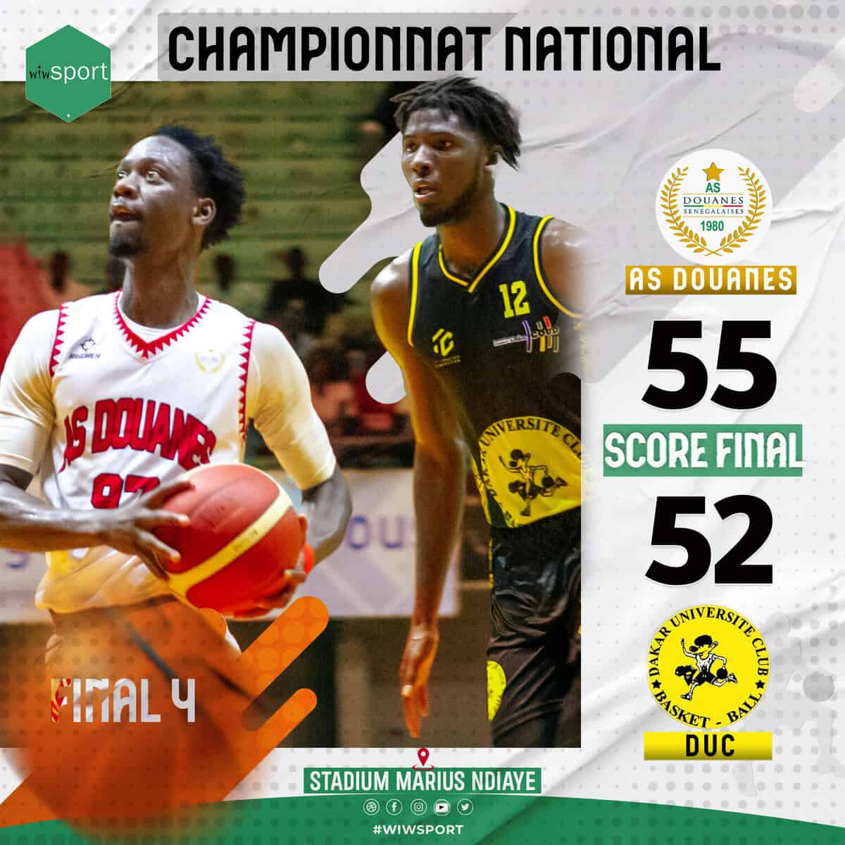 Final 4 – N1 Masculin : L'AS Douanes domine le DUC (55-52) et s'offre une bonne place avant le match 2 - wiwsport Final 4 – N1 Masculin : L'AS Douanes domine le DUC (55-52) et s'offre une bonne place avant le match 2 - wiwsport