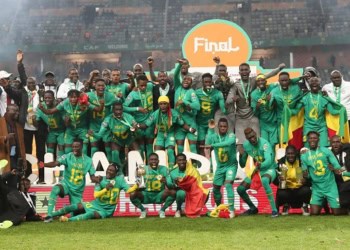 Elhadji Balde Moutarou of Senegal (c) celebrates with trophy during 2022 CAF African Nations Championship Final football match between Algeria and Senegal at the Nelson Mandela Stadium in Algiers, Algeria on 04 February 2023 ©Gavin Barker/BackpagePix