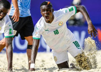 MOSCOW, RUSSIA - AUGUST 20: Mamour Diagne of Senegal celebrates after scoring a goal during the FIFA Beach Soccer World Cup 2021 group D match between Senegal and Uruguay at Luzhniki Beach Soccer Stadium on August 20, 2021 in Moscow, Russia. (Photo by Octavio Passos - FIFA/FIFA via Getty Images)