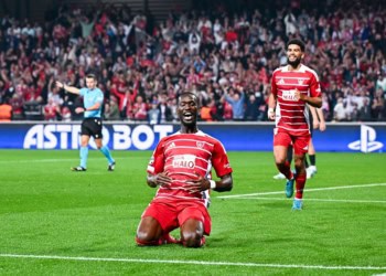 Abdallah SIMA of Brest celebrates his goal during the UEFA Champions League match between Brest and Sturm Graz at Stade du Roudourou on September 19, 2024 in Guingamp, France. (Photo by Baptiste Fernandez/Icon Sport)   - Photo by Icon Sport