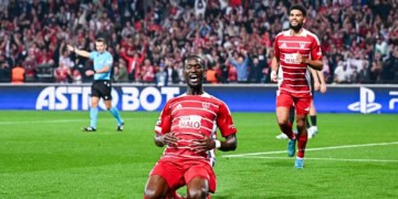 Abdallah SIMA of Brest celebrates his goal during the UEFA Champions League match between Brest and Sturm Graz at Stade du Roudourou on September 19, 2024 in Guingamp, France. (Photo by Baptiste Fernandez/Icon Sport)   - Photo by Icon Sport
