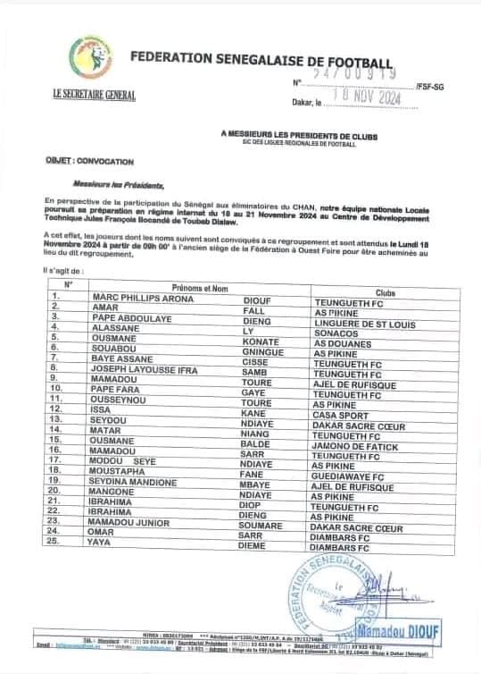 Qualifications CHAN 2025 : Le Sénégal poursuit sa préparation, 25 joueurs locaux convoqués - wiwsport