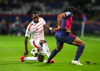 Abdallah SIMA of Brest and Jules KOUNDE of Barcelona during the UEFA Champions League match between Barcelona and Brest at Estadi Olimpic Lluis Companys on November 26, 2024 in Barcelona, Spain. (Photo by Icon Sport)