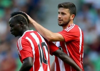 GRONINGEN, NETHERLANDS - JULY 18: Sadio Mane of FC Southampton (L) celebrates the second goal with Shane Long of FC Southampton during the friendly match between FC Groningen and FC Southampton at Euroborg Arena on July 18, 2015 in Groningen, Netherlands.  (Photo by Christof Koepsel/Getty Images)