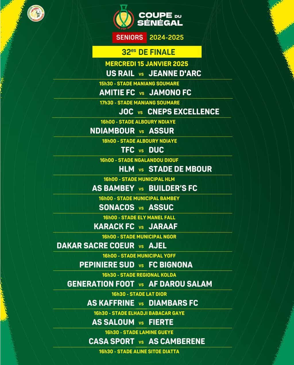 Coupe du Sénégal : TCF, Jaraaf, Casa Sports, Génération Foot... Découvrez les 15 matchs au programme du jour - wiwsport