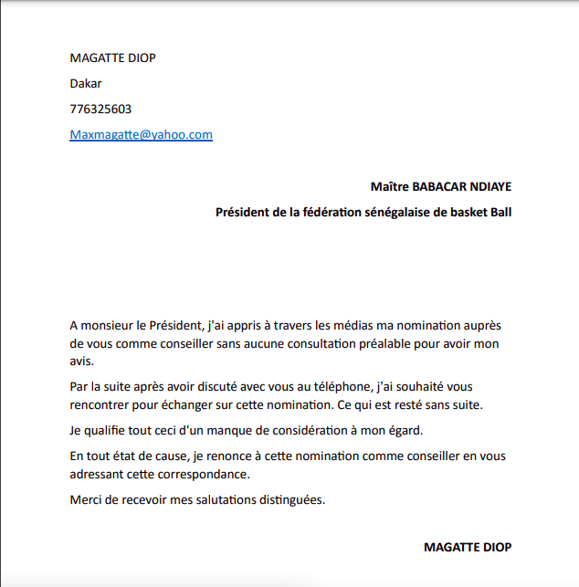 Basket - Magatte Diop renonce à sa nomination de conseiller du président « un manque de considération à mon égard » ! - wiwsport