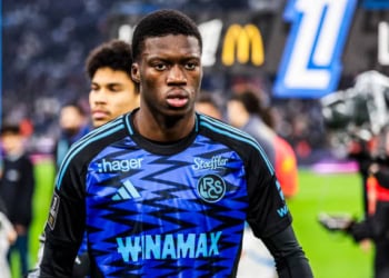 Mamadou SARR of Strasbourg prior the Ligue 1 MCDonald's match between Marseille and Strasbourg on January 19, 2025 at Orange Velodrome, in Marseille, France. (Photo by Johnny Fidelin/Icon Sport via Getty Images)