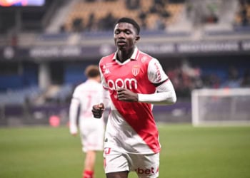 Lamine CAMARA of Monaco during the Ligue 1 McDonald's match between Montpellier and Monaco at Stade de la Mosson on January 17, 2025 in Montpellier, France. (Photo by Anthony Bibard/FEP/Icon Sport via Getty Images)