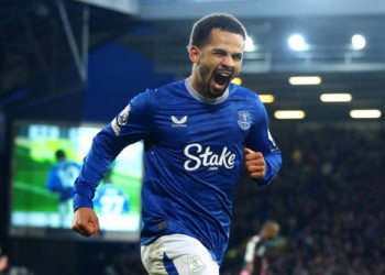 LIVERPOOL, ENGLAND - FEBRUARY 01: Iliman Ndiaye of Everton celebrates scoring his side's fourth goal during the Premier League match between Everton FC and Leicester City FC at Goodison Park on February 01, 2025 in Liverpool, England. (Photo by Chris Brunskill/Fantasista/Getty Images)