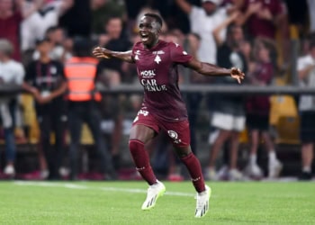 14 Cheikh SABALY (fcm) during the Ligue 1 Uber Eats match between Metz and Olympique de Marseille at Stade Saint-Symphorien on August 18, 2023 in Metz, France. (Photo by Philippe Lecoeur/FEP/Icon Sport)