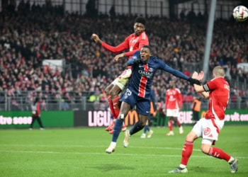 03 Abdoulaye NDIAYE (sb29) - 25 Nuno MENDES (psg) during the Ligue 1 McDonald's match between Brest and Paris at Stade Francis-Le Ble on February 1, 2025 in Brest, France. (Photo by Christophe Saidi/FEP/Icon Sport via Getty Images)