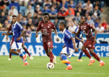 Papa Amadou DIALLO of FC METZ during the Ligue 1 Uber Eats match between Strasbourg and Metz at Stade de la Meinau on May 12, 2024 in Strasbourg, France. (Photo by Loic Baratoux/FEP/Icon Sport via Getty Images)