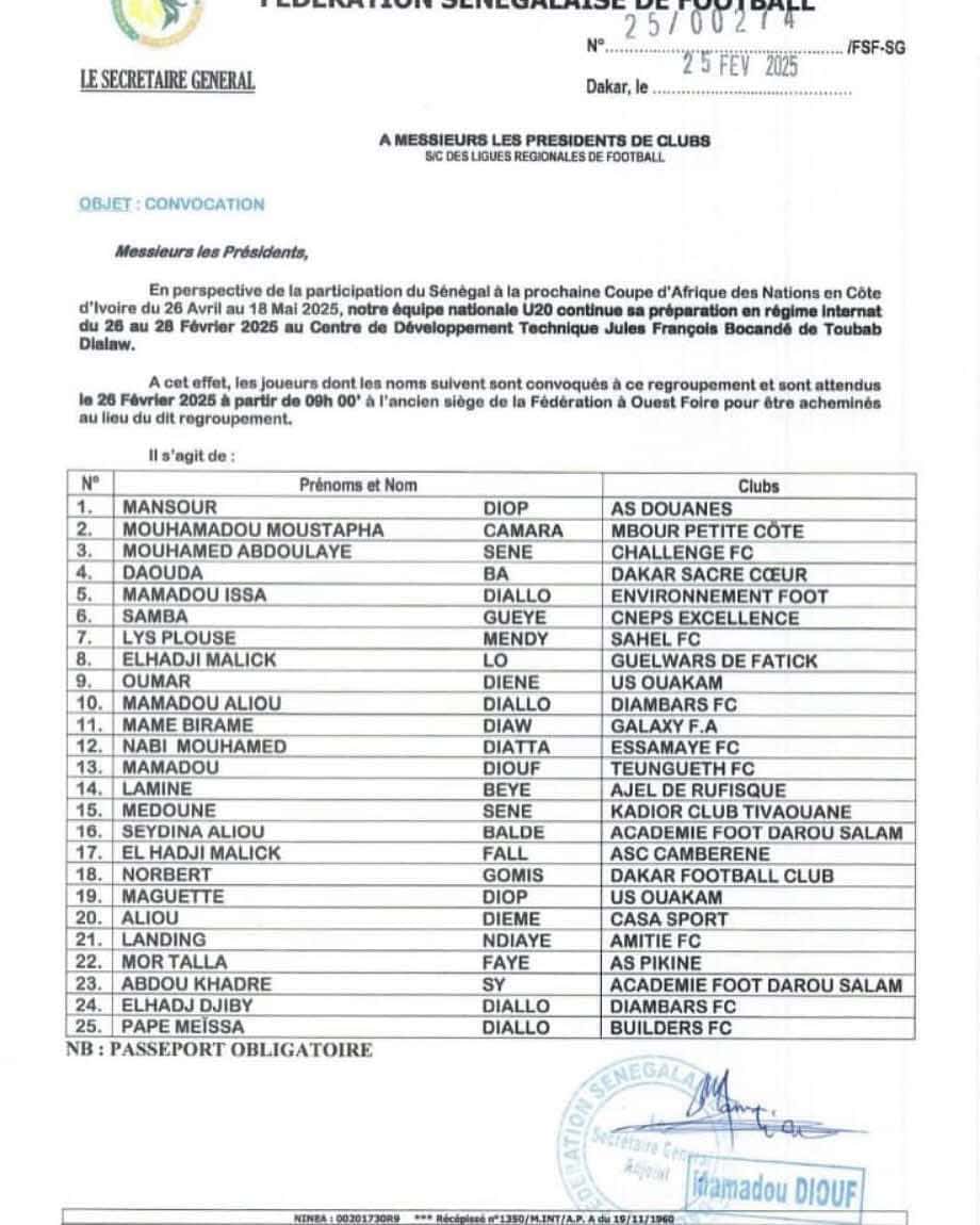 CAN U20 2025 : Le Sénégal convoque 25 joueurs pour un quatrième stage de préparation - wiwsport