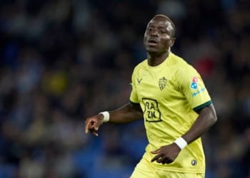 Dion Lopy of UD Almeria looks on during the La Liga Hypermotion match between RC Deportivo de La Coruna and UD Almeria at Estadio Abanca Riazor in A Coruna, Spain, on February 9, 2025. (Photo by Jose Manuel Alvarez Rey/JAR Sport Images/NurPhoto via Getty Images)