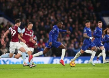 LONDON, ENGLAND - FEBRUARY 03: Nicolas Jackson of Chelsea runs with the ball during the Premier League match between Chelsea FC and West Ham United FC at Stamford Bridge on February 03, 2025 in London, England. (Photo by Chelsea Football Club/Chelsea FC via Getty Images)