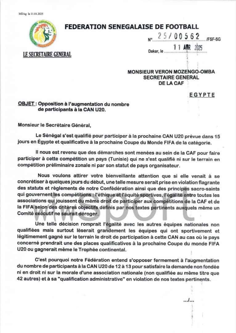 CAN U20 - Pourquoi la FSF dénonce l’invitation de la Tunisie par la CAF ? Les détails… - wiwsport