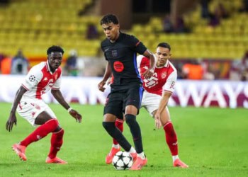 Lamine CAMARA and VANDERSON of Monaco and Lamine YAMAL of Barcelona during the UEFA Champions League match between Monaco and Barcelona at Stade Louis II on September 19, 2024 in Monaco, Monaco. (Photo by Johnny Fidelin/Icon Sport via Getty Images)