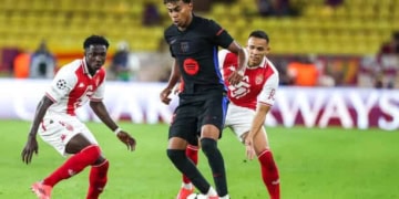 Lamine CAMARA and VANDERSON of Monaco and Lamine YAMAL of Barcelona during the UEFA Champions League match between Monaco and Barcelona at Stade Louis II on September 19, 2024 in Monaco, Monaco. (Photo by Johnny Fidelin/Icon Sport via Getty Images)