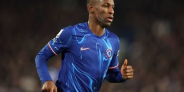 LONDON, ENGLAND - FEBRUARY 3: Nicolas Jackson of Chelsea with line paint on his jaw during the Premier League match between Chelsea FC and West Ham United FC at Stamford Bridge on February 3, 2025 in London, England. (Photo by Charlotte Wilson/Offside/Offside via Getty Images)