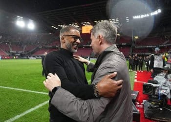 Habib BEYE head coach of Rennes and Frederic MASSARA during the Ligue 1 McDonald's match between Rennes and Nice on May 10, 2025 at Roazhon Park in Rennes, France. (Photo by Hugo Pfeiffer/Icon Sport via Getty Images)