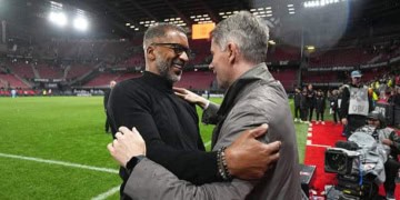 Habib BEYE head coach of Rennes and Frederic MASSARA during the Ligue 1 McDonald's match between Rennes and Nice on May 10, 2025 at Roazhon Park in Rennes, France. (Photo by Hugo Pfeiffer/Icon Sport via Getty Images)