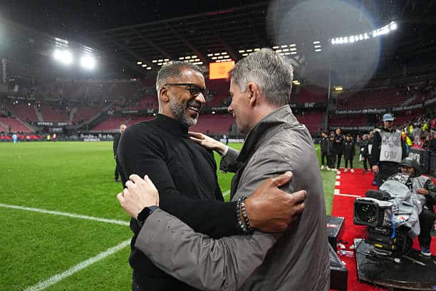 France - Le Stade Rennais se sépare de son directeur sportif Frederic Massara - wiwsport Habib BEYE head coach of Rennes and Frederic MASSARA during the Ligue 1 McDonald's match between Rennes and Nice on May 10, 2025 at Roazhon Park in Rennes, France. (Photo by Hugo Pfeiffer/Icon Sport via Getty Images)
