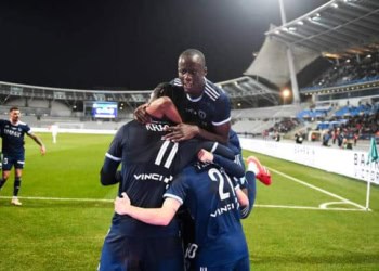 Maxime LOPEZ of Paris FC, Moustapha MBOW of Paris FC and Jean-Philippe Krasso of Paris FC celebrate after scores during the Ligue 2 BKT match between Paris FC and Troyes at Stade Charlety on February 21, 2025 in Paris, France. (Photo by Christophe Saidi/FEP/Icon Sport via Getty Images)