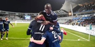 Maxime LOPEZ of Paris FC, Moustapha MBOW of Paris FC and Jean-Philippe Krasso of Paris FC celebrate after scores during the Ligue 2 BKT match between Paris FC and Troyes at Stade Charlety on February 21, 2025 in Paris, France. (Photo by Christophe Saidi/FEP/Icon Sport via Getty Images)