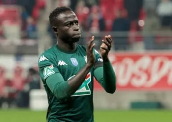 REIMS, FRANCE - JANUARY 14: Krepin Diatta of Monaco salutes the supporters following the French Cup (Coupe de France) football match between Stade de Reims and AS Monaco (ASM) at Stade Auguste Delaune on January 14, 2025 in Reims, France. (Photo by Jean Catuffe/Getty Images)