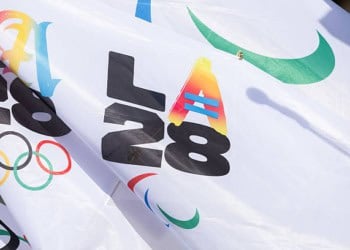 LOS ANGELES, CA - MAY 08: One of the variations of the 2028 Olympic logo was displayed on Thursday, May 8, 2025. The Los Angeles Memorial Coliseum and SoFi Stadium will share the opening ceremony. The Coliseum will be the site of the closing ceremony. (Myung J. Chun / Los Angeles Times via Getty Images)