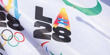 LOS ANGELES, CA - MAY 08: One of the variations of the 2028 Olympic logo was displayed on Thursday, May 8, 2025. The Los Angeles Memorial Coliseum and SoFi Stadium will share the opening ceremony. The Coliseum will be the site of the closing ceremony. (Myung J. Chun / Los Angeles Times via Getty Images)