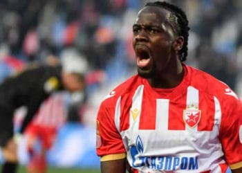 Belgrade, Serbia - February 22: Pepe Cherif Ndiaye of FC Crvena Zvezda during the Serbian SuperLiga season 2024/2025 match between Crvena Zvezda and Partizan at Rajko Mitic Stadium on February 22, 2025 in Belgrade, Serbia. (Photo by David Damnjanovic/DeFodi Images via Getty Images)