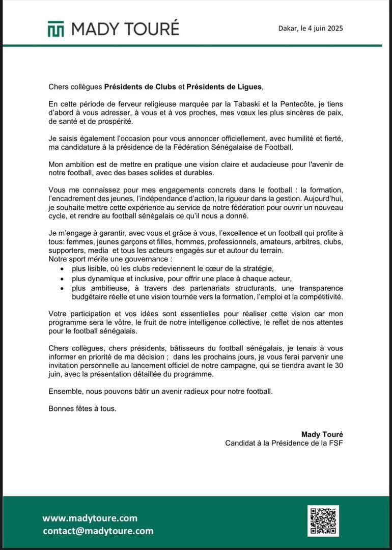 Officiel - Mady Touré est candidat pour le poste de président de la Fédération Sénégalaise de Football ! - wiwsport