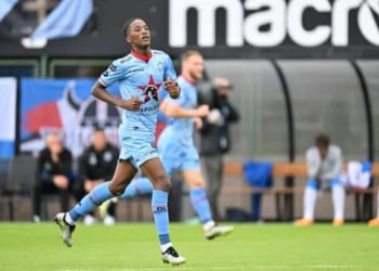 ROESELARE, BELGIUM - JULY 1: Pape Demba Diop of Zulte pictured in action during a friendly pre-season game ahead of the 2023 - 2024 Jupiler Pro League season between 1B team SV Zulte-Waregem and Club Brugge on July 1 , 2023 in Roeselare, Belgium. (Photo by Isosport/MB Media/Getty Images)