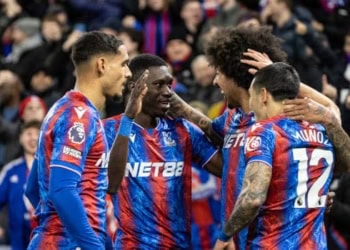 LONDON, ENGLAND - FEBRUARY 25: Crystal Palace's Ismaila Sarr (2nd left) celebrates scoring his side's first goal with team mates Maxence Lacroix , Chris Richards and Daniel Munoz during the Premier League match between Crystal Palace FC and Aston Villa FC at Selhurst Park on February 25, 2025 in London, England. (Photo by Andrew Kearns - CameraSport via Getty Images)