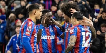LONDON, ENGLAND - FEBRUARY 25: Crystal Palace's Ismaila Sarr (2nd left) celebrates scoring his side's first goal with team mates Maxence Lacroix , Chris Richards and Daniel Munoz during the Premier League match between Crystal Palace FC and Aston Villa FC at Selhurst Park on February 25, 2025 in London, England. (Photo by Andrew Kearns - CameraSport via Getty Images)
