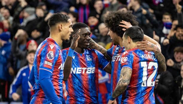 LONDON, ENGLAND - FEBRUARY 25: Crystal Palace's Ismaila Sarr (2nd left) celebrates scoring his side's first goal with team mates Maxence Lacroix , Chris Richards and Daniel Munoz during the Premier League match between Crystal Palace FC and Aston Villa FC at Selhurst Park on February 25, 2025 in London, England. (Photo by Andrew Kearns - CameraSport via Getty Images)