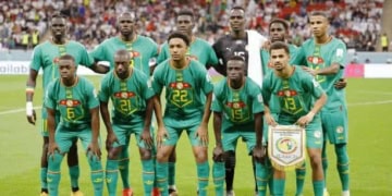 Senegal's starting XI pose for a team photo ahead of a World Cup round of 16 football match against England at Al Bayt Stadium in Al Khor, Qatar, on Dec. 4, 2022. (Photo by Kyodo News via Getty Images)