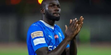 AL QASSIM , SAUDI ARABIA - MAY 3: Kalidou Koulibaly
 of Al Hilal celebrates after winning the Saudi Pro League match between Al-Taawoun and Al-Hilal at King Abdullah Bin Abdulaziz Sports City on May 3, 2024 in Al Qassim, Saudi Arabia.(Photo by Yasser Bakhsh/Getty Images)