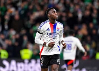 SAINT-ETIENNE, FRANCE - APRIL 20: Moussa Niakhaté of Lyon runs in the field during the Ligue 1 McDonald's match between AS Saint-Etienne and Olympique Lyonnais at Stade Geoffroy-Guichard on April 20, 2025 in Saint-Etienne, France. (Photo by Eurasia Sport Images/Getty Images)