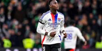 SAINT-ETIENNE, FRANCE - APRIL 20: Moussa Niakhaté of Lyon runs in the field during the Ligue 1 McDonald's match between AS Saint-Etienne and Olympique Lyonnais at Stade Geoffroy-Guichard on April 20, 2025 in Saint-Etienne, France. (Photo by Eurasia Sport Images/Getty Images)