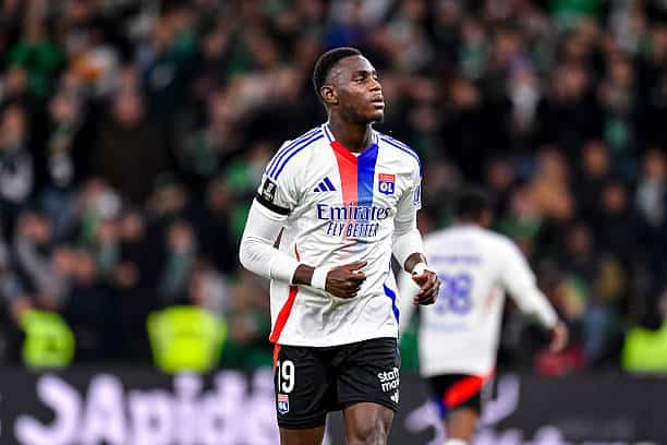 SAINT-ETIENNE, FRANCE - APRIL 20: Moussa Niakhaté of Lyon runs in the field during the Ligue 1 McDonald's match between AS Saint-Etienne and Olympique Lyonnais at Stade Geoffroy-Guichard on April 20, 2025 in Saint-Etienne, France. (Photo by Eurasia Sport Images/Getty Images)