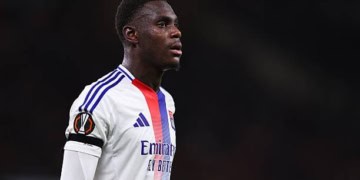 MANCHESTER, ENGLAND - APRIL 17: Moussa Niakhate of Olympique Lyonnais during the UEFA Europa League 2024/25 Quarter Final Second Leg match between Manchester United and Olympique Lyonnais at Old Trafford on April 17, 2025 in Manchester, England. (Photo by Robbie Jay Barratt - AMA/Getty Images)